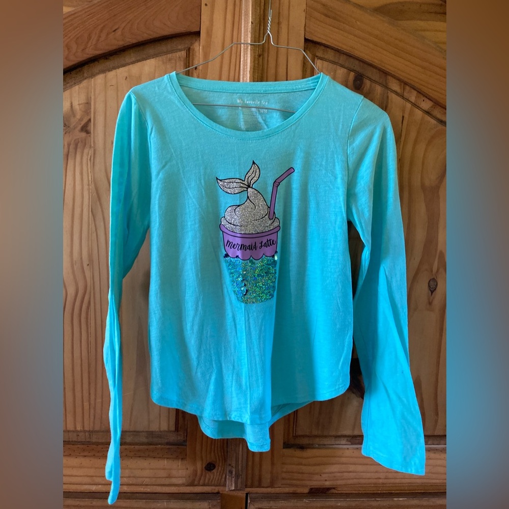 Girls My Favorite Tee green sequin mermaid long sleeve t-shirt - size 14/16